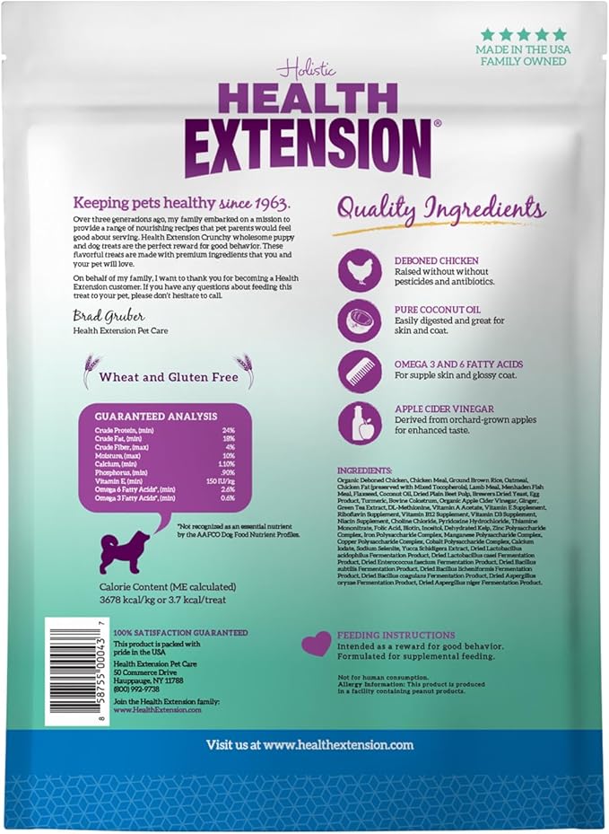 Health Extension Heart-Shaped Crunchy Biscuits, 12oz (340g) – Chicken Flavor, GMO-Free Dog Training Treats for Small Breeds, Added Vitamins & Minerals