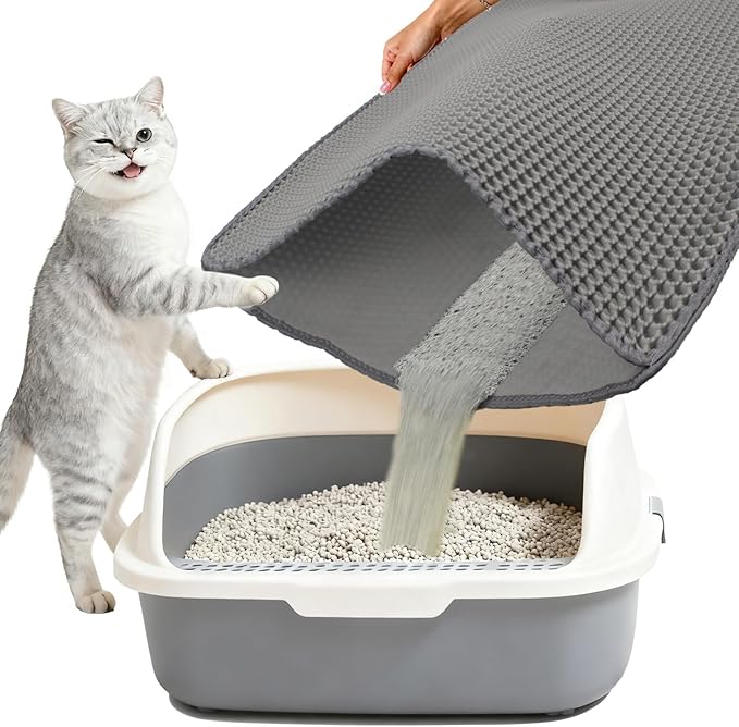 Cat Litter Box Mat Double Layer Trapping Mat Easy-Clean Waterproof Urine Proof(Gray 35x24in)