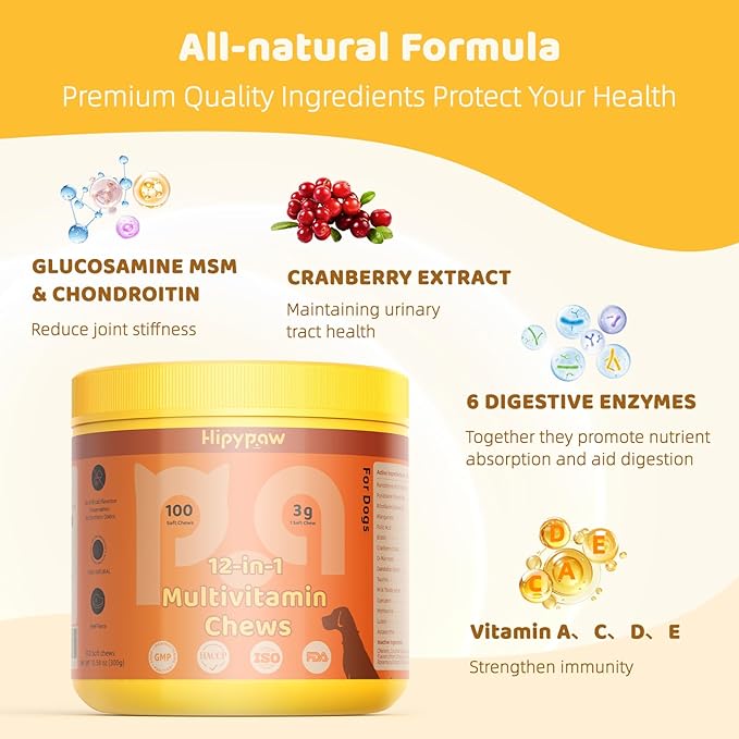 Dog Multivitamin Chewable: 12-in-1 Dog Vitamins & Supplements with Glucosmine Chondroitin Probiotics Omega 3 Cod Liver Oil CoQ10 Astaxanthin for Joint Gut Heart Eye Brain Immune Support