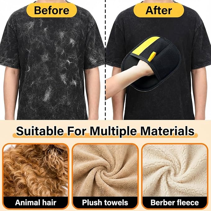 Electrostatic Pet Hair Removal Gloves for Cats & Dogs–Upgraded Reusable Magic Brush Tool for Quick Wiping on Couch, Carpet, Laundry, Car Seat & Pet Beds(3PC-Yellow