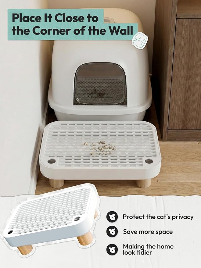 Cat Litter Box Step, Anti-Tracking Litter Catcher Ramp for Self-Cleaning Litter Boxes, with Wooden Base, Removable Top, Easy to Clean, Ideal for Small & Elderly Cats (No Side Guards Included)