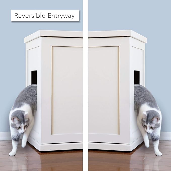 THE REFINED FELINE Cat Litter Box Enclosure Cabinet, Modern, White, Tulip Feet, Large, Hidden Litter Cat Furniture with Drawer