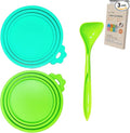 2 Packs Dog Food Can Lids, Inner rings 2.6”/3”/3.4” Fits 3-15oz Standard Cans/Tins, Multi-Size cat food can lid, Silicone Can Covers for dog food cans, BPA Free, Reusable(Green/Cyan+1 spoon)