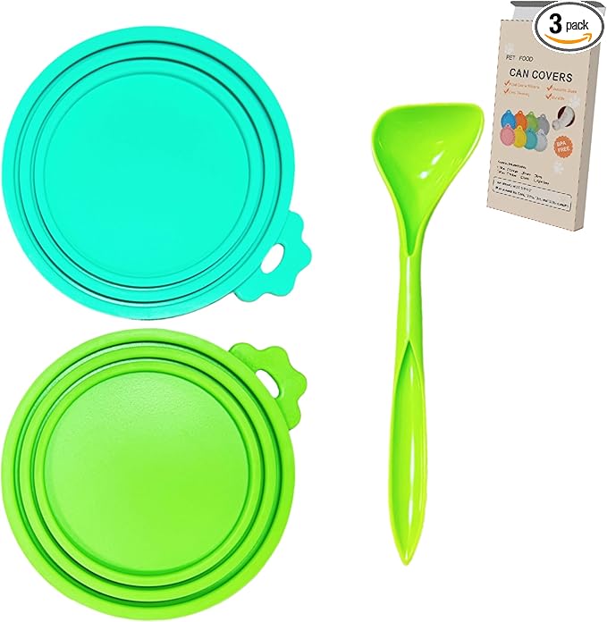 2 Packs Dog Food Can Lids, Inner rings 2.6”/3”/3.4” Fits 3-15oz Standard Cans/Tins, Multi-Size cat food can lid, Silicone Can Covers for dog food cans, BPA Free, Reusable(Green/Cyan+1 spoon)
