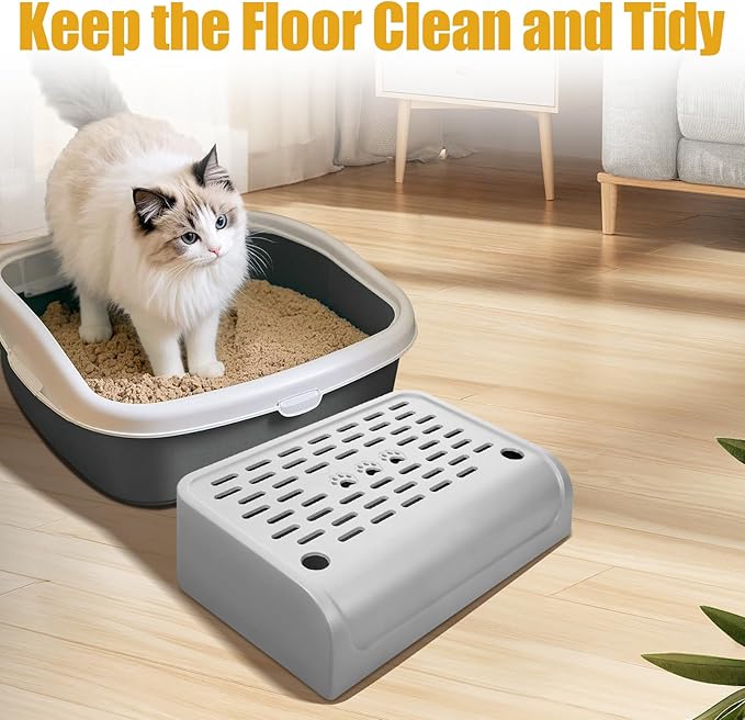 Cat Ramp for Litter Box Step, Plastic Automatic Litter Box Ramp Cat Steps Mat with Filter Function, Double Layered Self Cleaning Cats Stairs with Storage Space for Catcher (Grey)