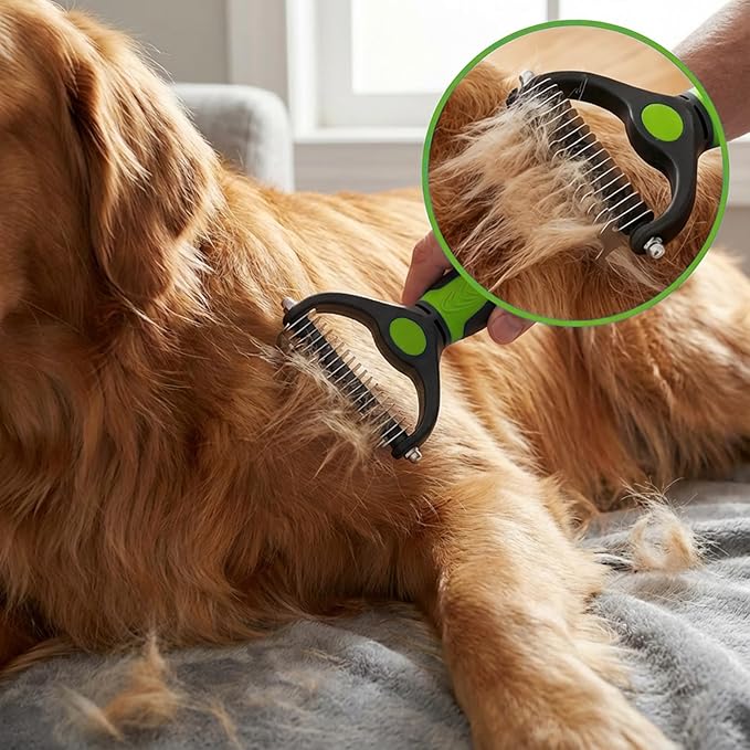 Dog Brush Kit for Grooming Short & Long Haired Dogs & Cats, 4-in-1 Pet Grooming Set with Self-Cleaning Slicker Brush, Deshedding Tool, Shampoo Bath Comb, Massge Comb (Green Black)