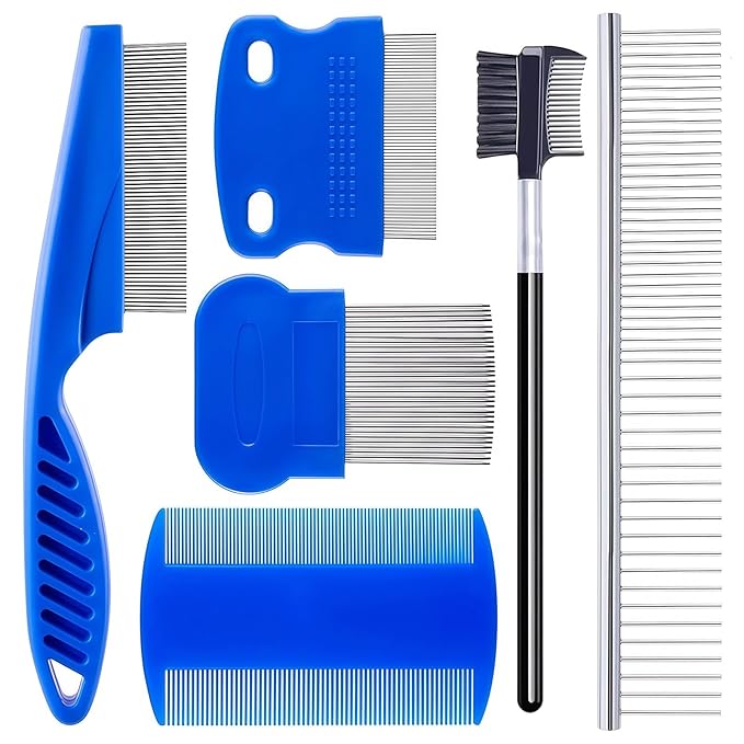 6 Pack Pet Grooming Combs, Stainless Steel Dog and Cat Grooming Combs with Rounded Teeth, Double-Sided Professional Pet Tear Stain Remover for Small, Medium, and Large Pets (Blue)