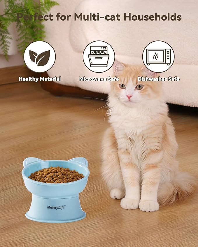 MateeyLife Raised Cat Bowls, Cat Food Bowl Elevated for Kittens & Small Dogs, 15°Tilted Protect Pets' Neck and Anti Vomiting, Whisker Friendly Food & Water Feeding Bowl, 6 oz Each - Blue
