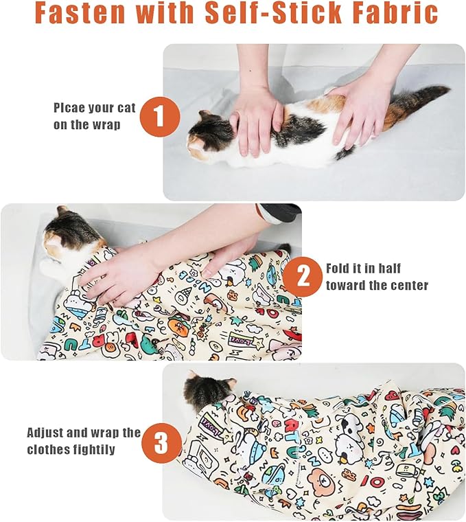 Cat Wrap for Cutting Nails, Self-Adhesive Cat Grooming Wrap Anti-Escape Anti-Scratch Calming Cat Swaddle Wrap for Nail Clipping, Medicine, Ear Cleaning, Multifuctional Pet Tool for Cat-Owner, Vet