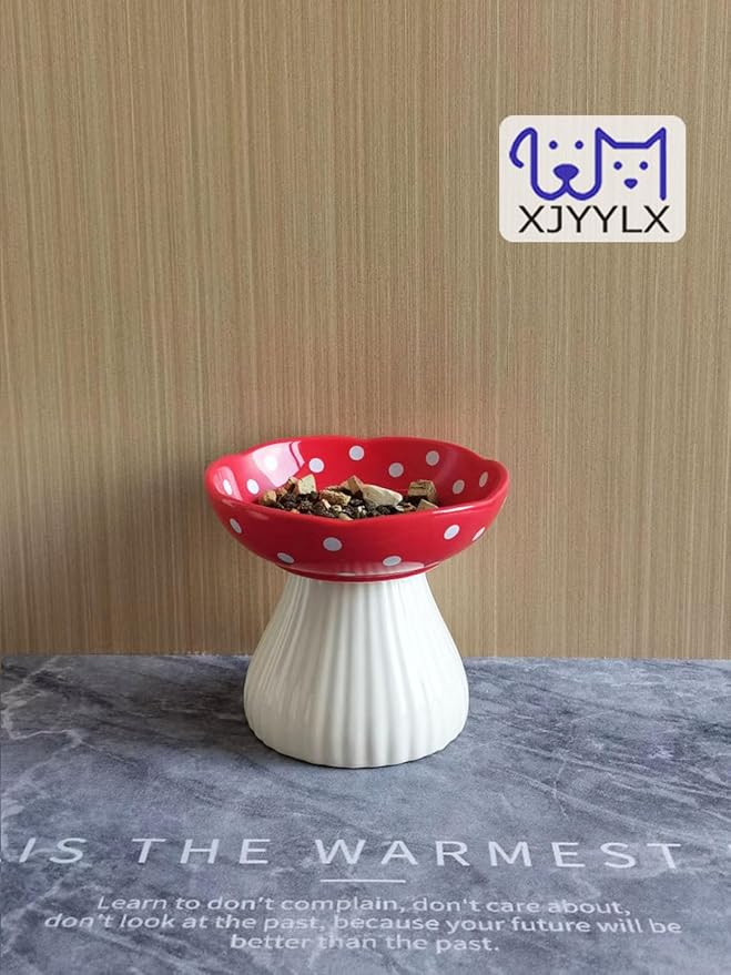 Ceramic Raised Mushroom Cat Bowl Set, Cute Elevated Whisker Friendly Dish for Food and Water, Red+Black 6" Wide for Adult Cats, Small Dog