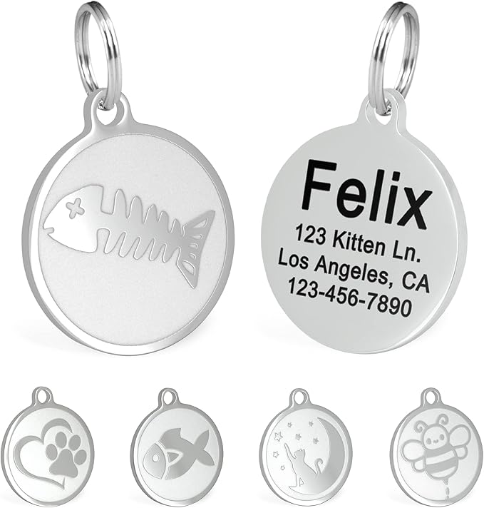Ultra Joys Engraved Cat Name Tags Personalized - Stainless Steel Name Tag Pet Identification - Small Dog ID Tags Personalized for up to 4 Lines of Text - Pet ID Tags for Cat Collar - Fish Bone