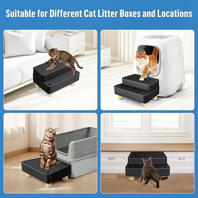 Extra Large 2 Steps Cat Litter Box Step Ramp, Cat Litter Catcher Mat with Wooden Feet, Filter Function, Cat's Pedal Stool for Self-Cleaning Litter, Suitable Kitten & Elderly Cats (Black)