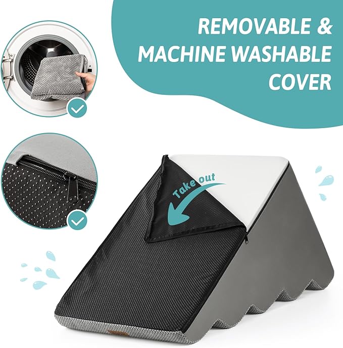 Dog Stairs for Small Dogs 15.7" H, 4-Step Sturdy Foam Dog Steps for Couch and Bed, Curved Pet Stairs for Puppy and Older Cat, Doggie Ladder with Washable Cover, 15.7x28.3x15.7 inch, Gray