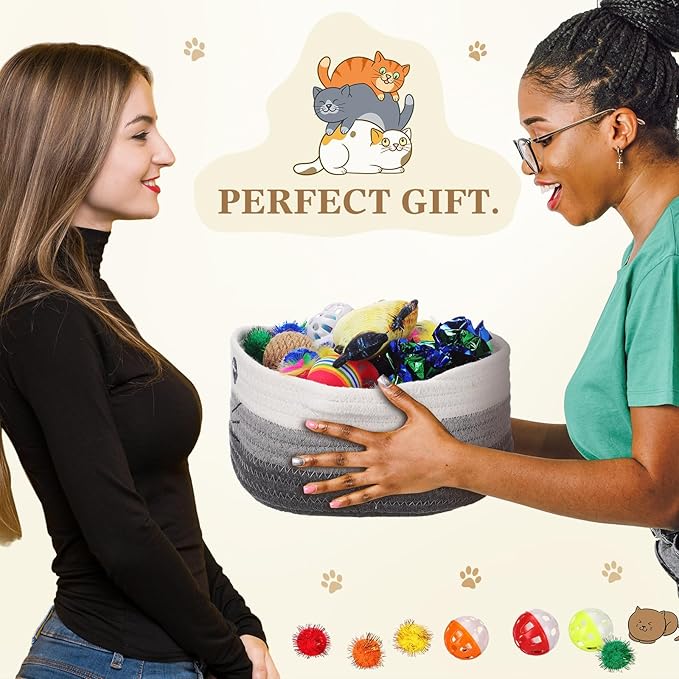 Zopeal 58 Pcs Valentine's Day Cat Storage Basket Gift Toys Set, Colorful Flashing Balls Pet Bell Crinkle Balls Spring Toys Attract Cat to Swat, Hunt, Interactive for Pet(Multicolor,9.8 Inch)