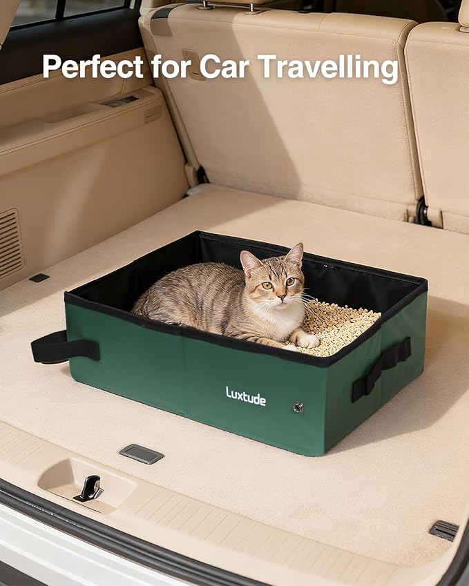 Luxtude Portable Litter Box for Cats, Collapsible Travel Litter Box for Cats in Car, No Smell, Waterproof and Easy Clean, No Leakage for Car, Hotel (Green, Medium)