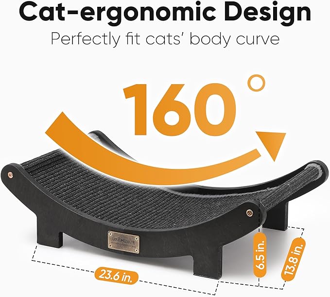 FUKUMARU Cat Scratcher Bed Sisal, 23.6 Inch Durable Scratching Bed for Indoor Cats, Large Cat Scratch Pad, 100% Natural Sisal Hammock, Solid Wood Frame Lounger Chair for Sleep & Scratch (Black)