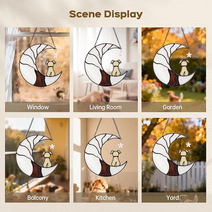 Dog Memorial Suncatcher, Handmade Stained Glass Window Haninging Suncatcher, Pet Memorial Gift for Cat Loss, Sympathy Valentine's Day Gift with Moon & Tree of Life for Pet Lovers