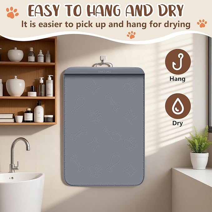 Silicone Cat Litter Mat with Collection Pocket, 42" x 28" Large Cat Litter Box Mat Waterproof Anti-Slip Litter Trapping Mat with Edge and Handle Pet Placemat for Floors (Dark Grey)