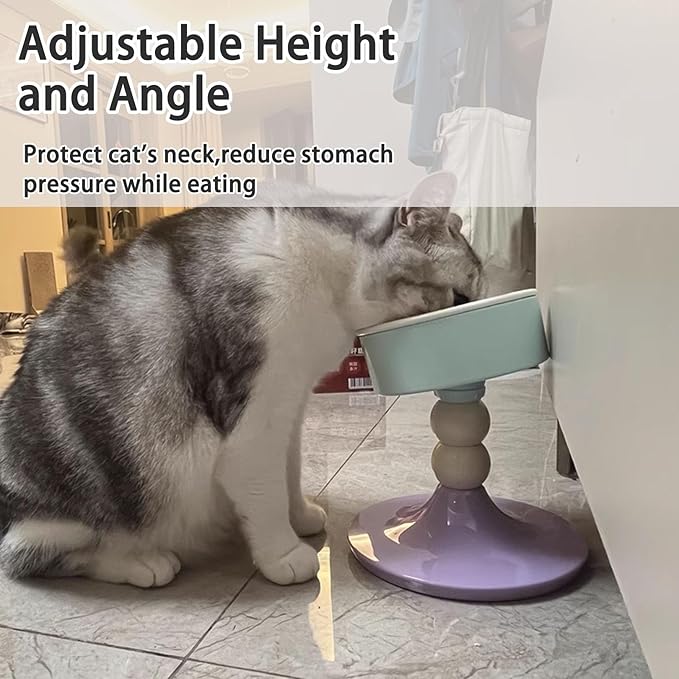Elevated Cat Bowls, Slanted Ceramic Cat Bowl for Indoor Cats Adjustable Height Kitten Food Bowl Non-Slip Neck Protection Adjusts to 4.69", 5.98", 7.28" (Lavender Mint, S)