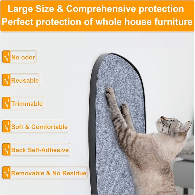 Cat Scratching Mat, Self-Adhesive Scratch Furniture Protector, Trimmable Cat Carpet, Couch Protector Scratching Pad Replacement (Light Grey, 39.4"x15.8")