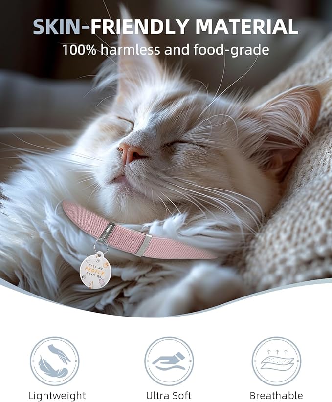 Cat Collar with QR Code Name Tag, Stretch Elastic Quick Release, Cat ID Tag Personalized, Ultra-Durable, Non Breakaway Lightweight Kitten Collar Fits Most Girl Boy Small Large Cats (Pink)