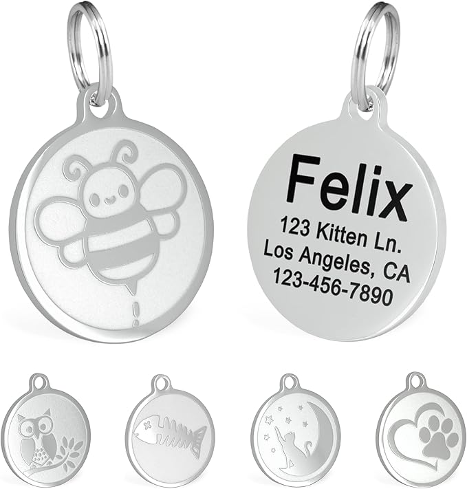 Ultra Joys Engraved Cat Name Tags Personalized - Stainless Steel Name Tag Pet Identification - Small Dog ID Tags Personalized for up to 4 Lines of Text - Pet ID Tags for Cat Collar - Bee