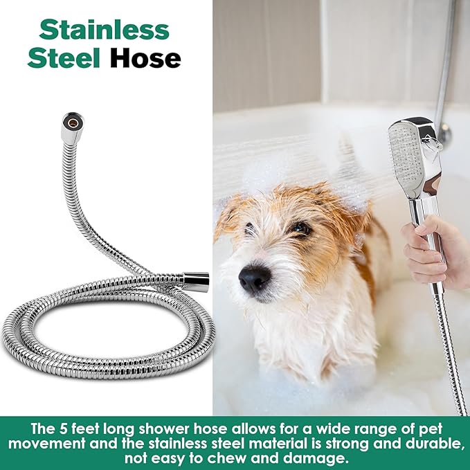 Dog Shower Attachment,Pet Washing Shower Sprayer with Stainless Steel Hose & Diverter Valve, 2 Mode Handheld Shower Head Brush, 3-in-1 Dog Shower Head for Bathing, Grooming, Massage - Indoor & Outdoor