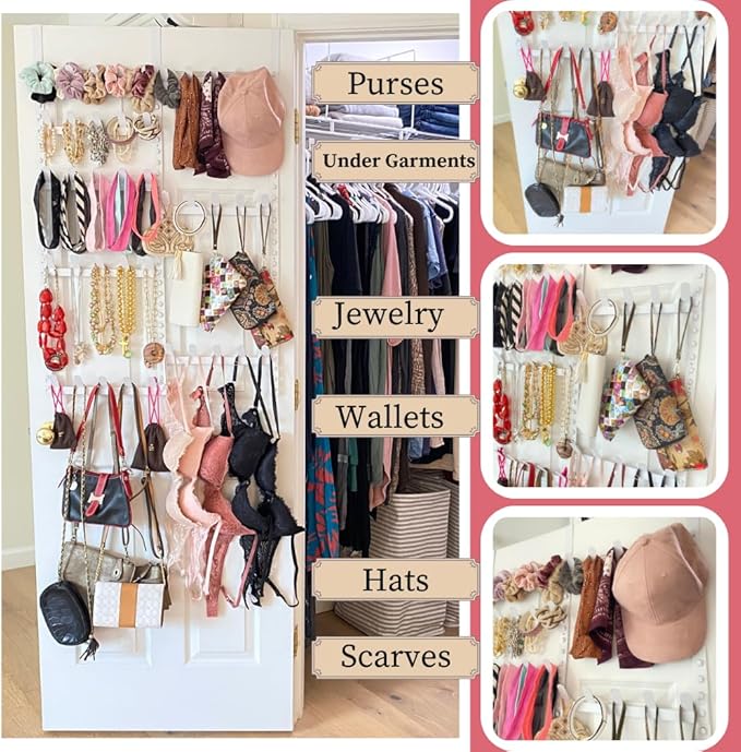 Evelots Rack for Purses, Belts, Jewelry, Ties, Hats - New Over The Door Organizer - Adjustable 8 Tier - 40 Hooks for Multi Uses - Easy Assembly - No Tools Needed - White Coated Sturdy Metal