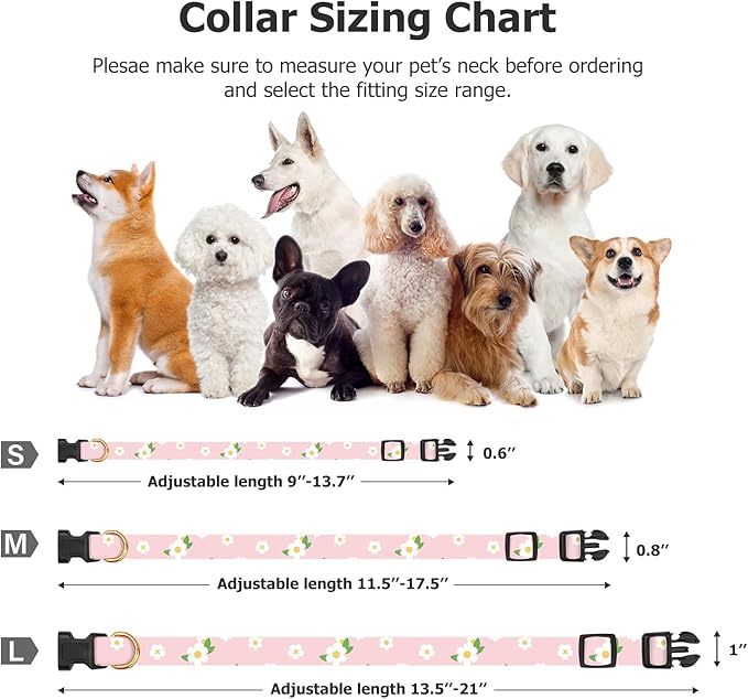 Cotton Handmade Dog Collar Cute and Distinctive Patterns Pink Flower with Pendant for Girl Boy Dogs Collars M