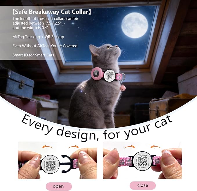 Airtag Cat Collar Breakaway with Bell & Reflective Design - Cute Paw Print Kitten Collar with Apple Airtag Holder & Safety Buckle - Perfect Pet Supplies, QR Code & Gifts for Girl & Boy Cats (Pink)