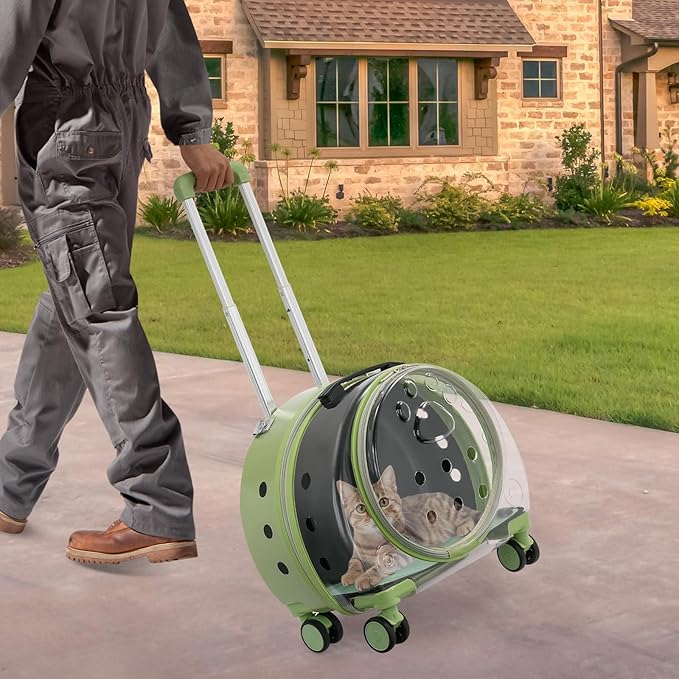 Cat Backpack Carrier, Transparent & Breathable Cat Carrier with Wheels, Large Space Bubble Pet Backpack for Kitty Dog Bunny Up to 20lbs, Multiple Carrying Options, Perfect for Traveling/Taking a Walk