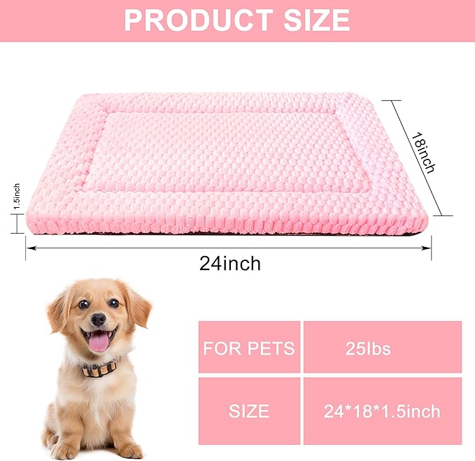 Dog Bed Mat,Reversible & Ultra Soft Kennel Pad-Machine Washable Pet Bed for Dogs & Cats-All-Weather Crate Liner for Crates,Carriers & Travel (Pink, 24" L x 18" W x 1.5" Th)
