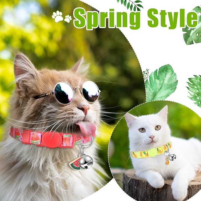 Frienda 12 Pcs Spring Summer Breakaway Cats Collars Girl Cat Safety Adjustable Collars with Bell and Summer Fruit Patterns Pendants Set for Pets Decoration(Small)