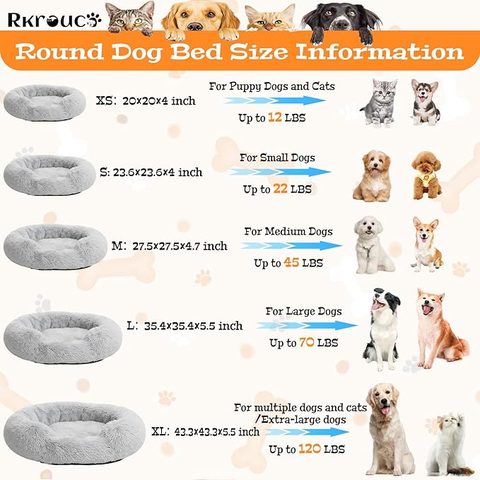 Fluffy Dog Bed Calming Donut Beds for Large Dogs Warming Round Small Medium Pet Nest Cozy Cat Mattress Indoor Washable Puppy Kennel Kittens Sleep Mat (S, 23.6×23.6 inch, Gradient Gray)