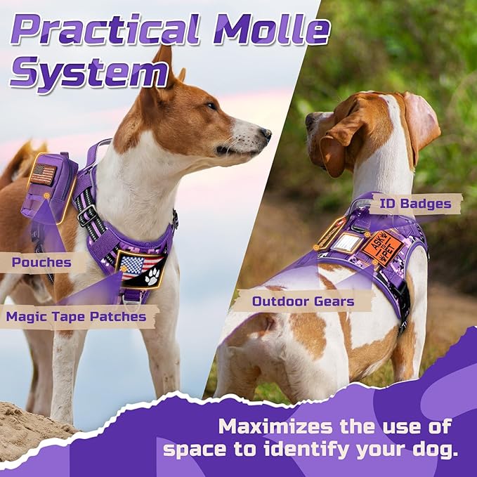 rabbitgoo Tactical Dog Harness Medium Sized Dog, No Pull Military Service Vest with Handle & Molle, Easy Control for Training Walking, Adjustable Reflective Straps, Purple Camo, M