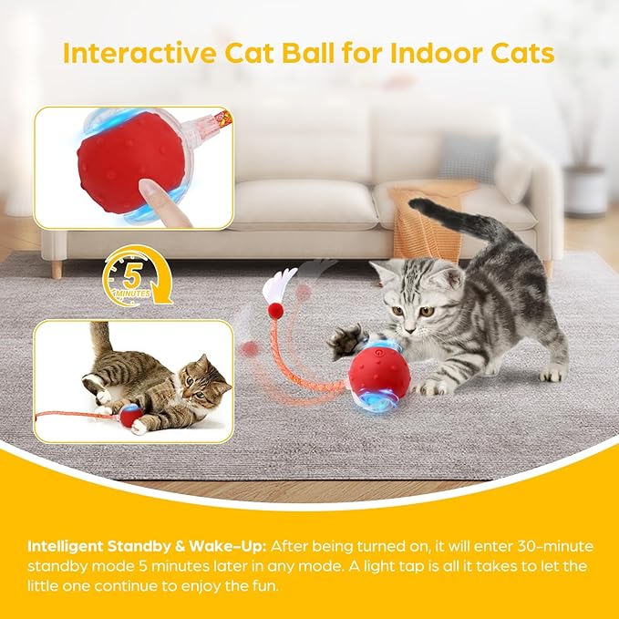 Interactive Cat Toys, 2 Pcs Automatic Moving Cats Toy with Elastic Mesh Bell Tail, Rechargeable Cat Ball for Bored Indoor Adult Cats, Energetic-cat (Red+Blue)