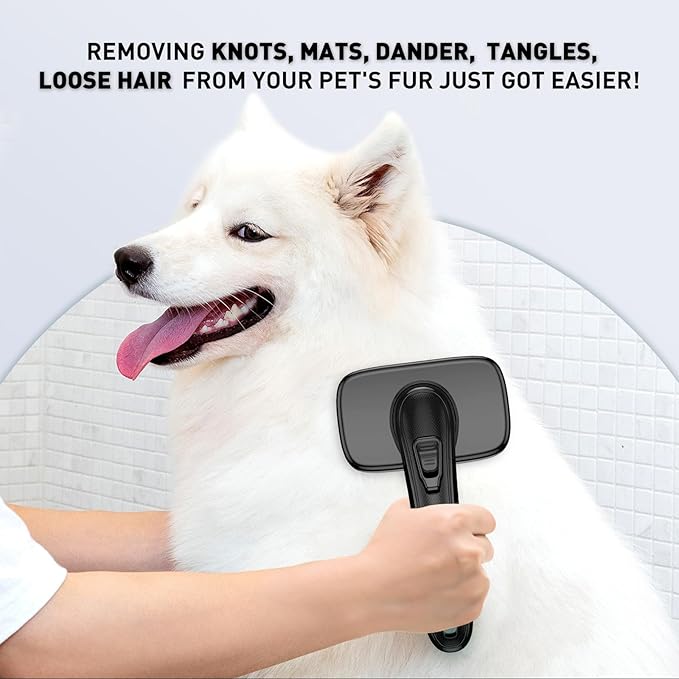 Self Cleaning Slicker Brush for Dog, Cat, Skin Friendly Shedding & Grooming Tool for Long and Short Haired Pets, Easy Clean Retractable Bristles, Black