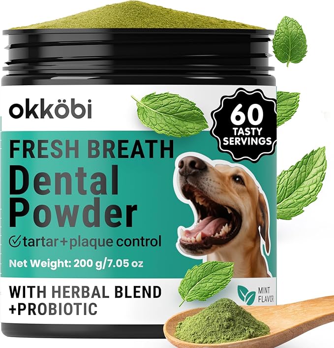 Dog Teeth Cleaning Powder - Dog Breath Freshener + Dental Care for Doggies & Cats + Tartar Remover for Teeth with Natural Ingredients + Probiotics Blend (Mint - 200g)