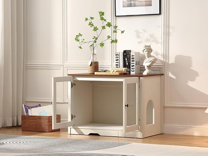 Cat Liitter Box Enccosure with Convenient Litter Collector, Indoor Cat Litter Cabinet with Glass Doors,Wooden Cozy cat House,Modern end Table for Living Room, (White)