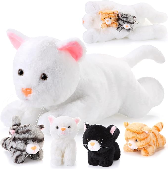 Skylety 5 Pieces Cat Stuffed Animal with Babies Inside Belly Plush Cat Pregnant Mommy Kitty with 4 Cute Fluffy Stuffed Kittens Christmas Birthday Surprise Gifts(White)