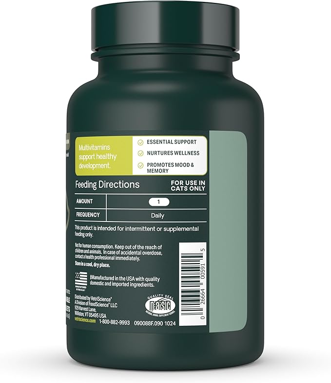 VetriScience 27+ Active Health Chewable Tablets, Nu Cat Daily Multivitamin for Cats and Kittens, Balanced Vitamins, Minerals and Antioxidants, Fish, 90 Count