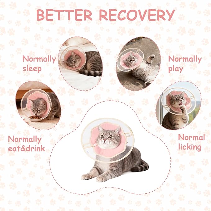Soft Adjustable Cat Recovery Collar, Lightweight Waterproof Elizabethan Cone for Cats – Comfortable Protective Collar to Prevent Licking After Surgery, Grooming & Skin Care (Pink, S)
