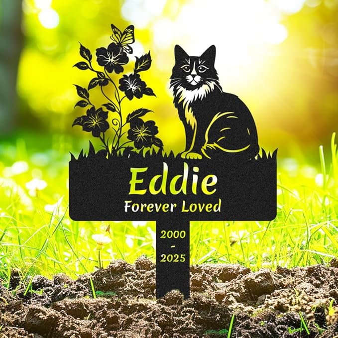 Custom Flowers Cat Memorial Grave Marker, Personalized Cat Memorial Stake Metal Pet Grave Marker for Cat, Customized Cat Memorial Memorial Plaque Cemetery Grave Plaque Yard Sign with Stake