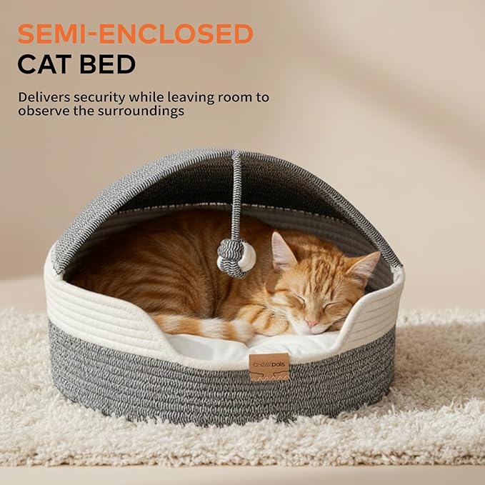 CHEERPALS Cat Basket Bed for Indoor Cats, Covered Pet Bed with Washable Cushion and Ball Rope Cotton Bed for Medium and Large Cat, All Season Universal(Blue)