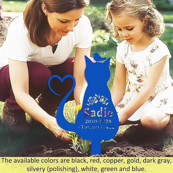 Custom Cat Memorial Grave Marker with Bird and Heart, Personalized Flowers Cat Memorial Stake Metal Garden Sign, Customized Pet Cat Sculpture Memorial Plaque for Cemetery Grave Yard Sign