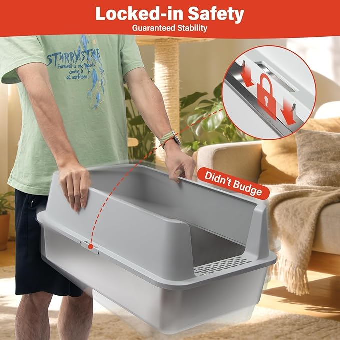 Stainless Steel Cat Litter Box, XL Metal Litter Box with High Sides Lid, Extra Large Cat Litter Boxes for Big Cats, Anti-Urine Leakage, Easy Cleaning, Odor Free, Non-Sticky, Include Scoop and Mat