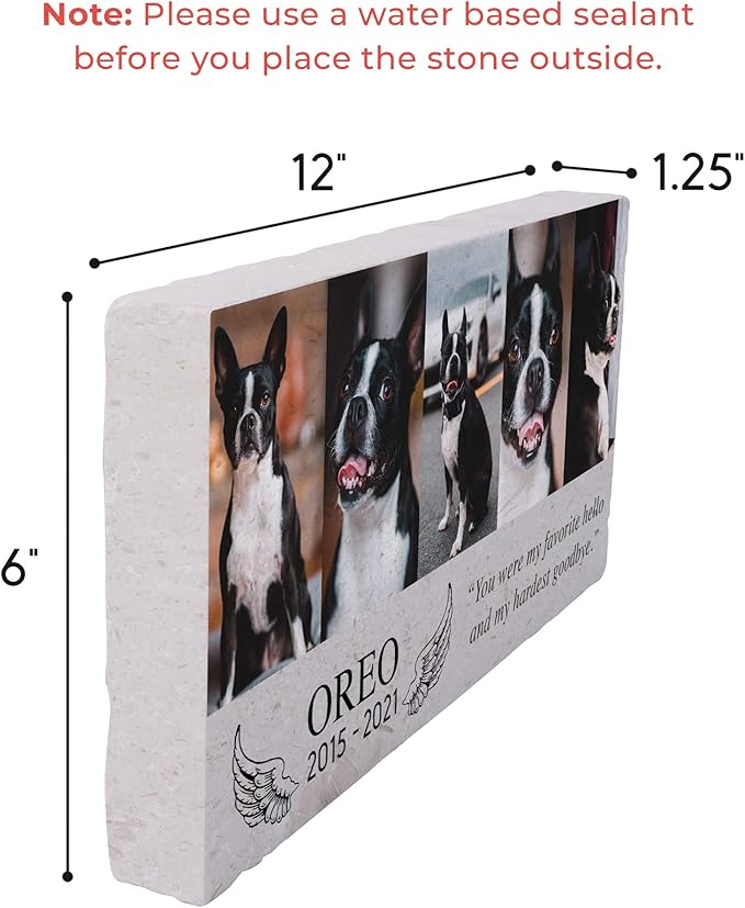 Custom Dog Memorial Stone, Personalized Pet Headstones for Dogs, Outdoor Pet Grave Markers with Photo Print and Text, Loss of Pet Sympathy Gift, 12”x6”x1.25" Pet Grave Stone (B. Oreo Design)