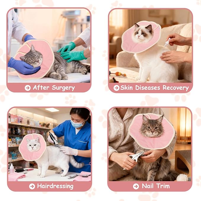 Soft Adjustable Cat Recovery Collar, Lightweight Waterproof Elizabethan Cone for Cats – Comfortable Protective Cat Cone to Prevent Licking After Surgery, Grooming & Skin Care (Pink, L)
