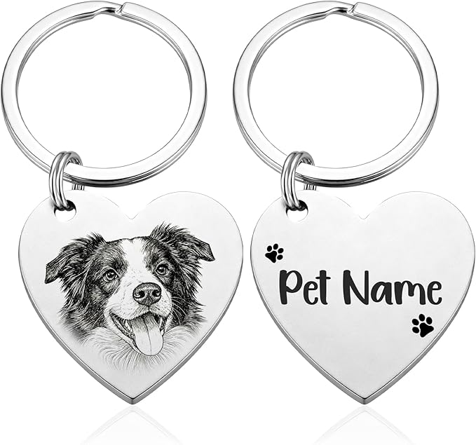 Custom Dog or Cat Portrait Keychain, Personalized Photo Engraved Keychains with Name, Customized Pet Memorial Gifts for Loss of Pets (Heart Shape)