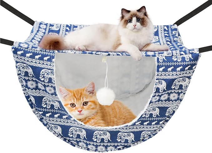 JSPYFITS Cat Cage Hammock with Ball,Double Layer Hanging Adjustable Soft Pet Bed Suit for Kitten Ferret Puppy Rabbit or Small Pet, 2 Level Indoor Bed for All Season(Blue Elephant)